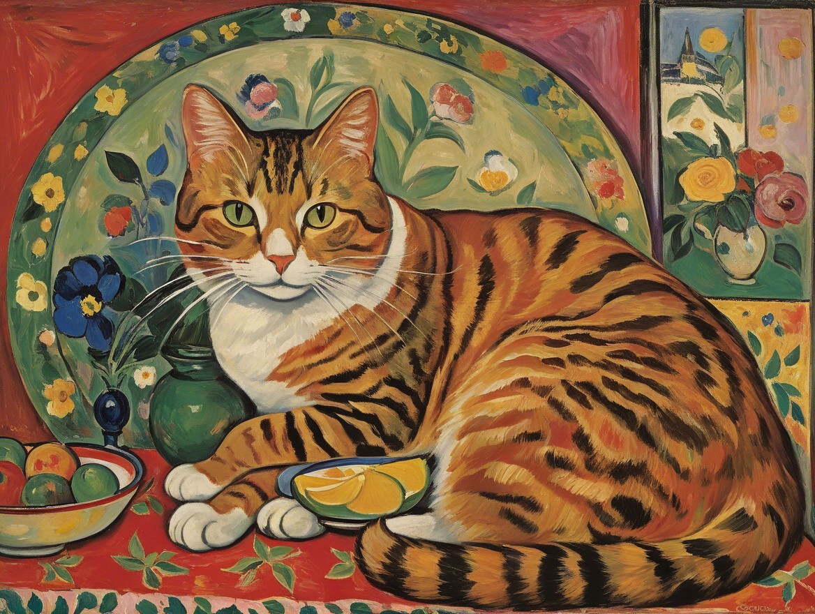 Vibrant Painting of a Striped Cat with Floral Background