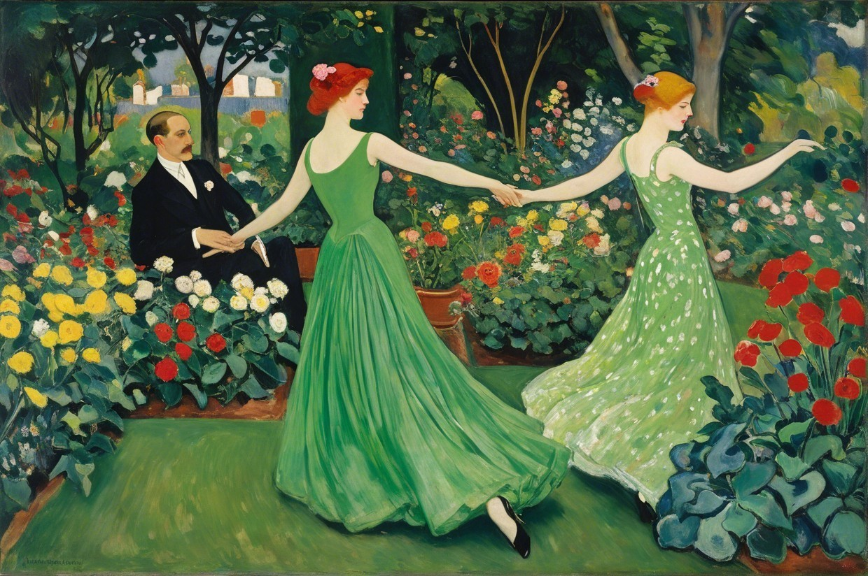 Elegant Women Dancing in a Vibrant Flower Garden