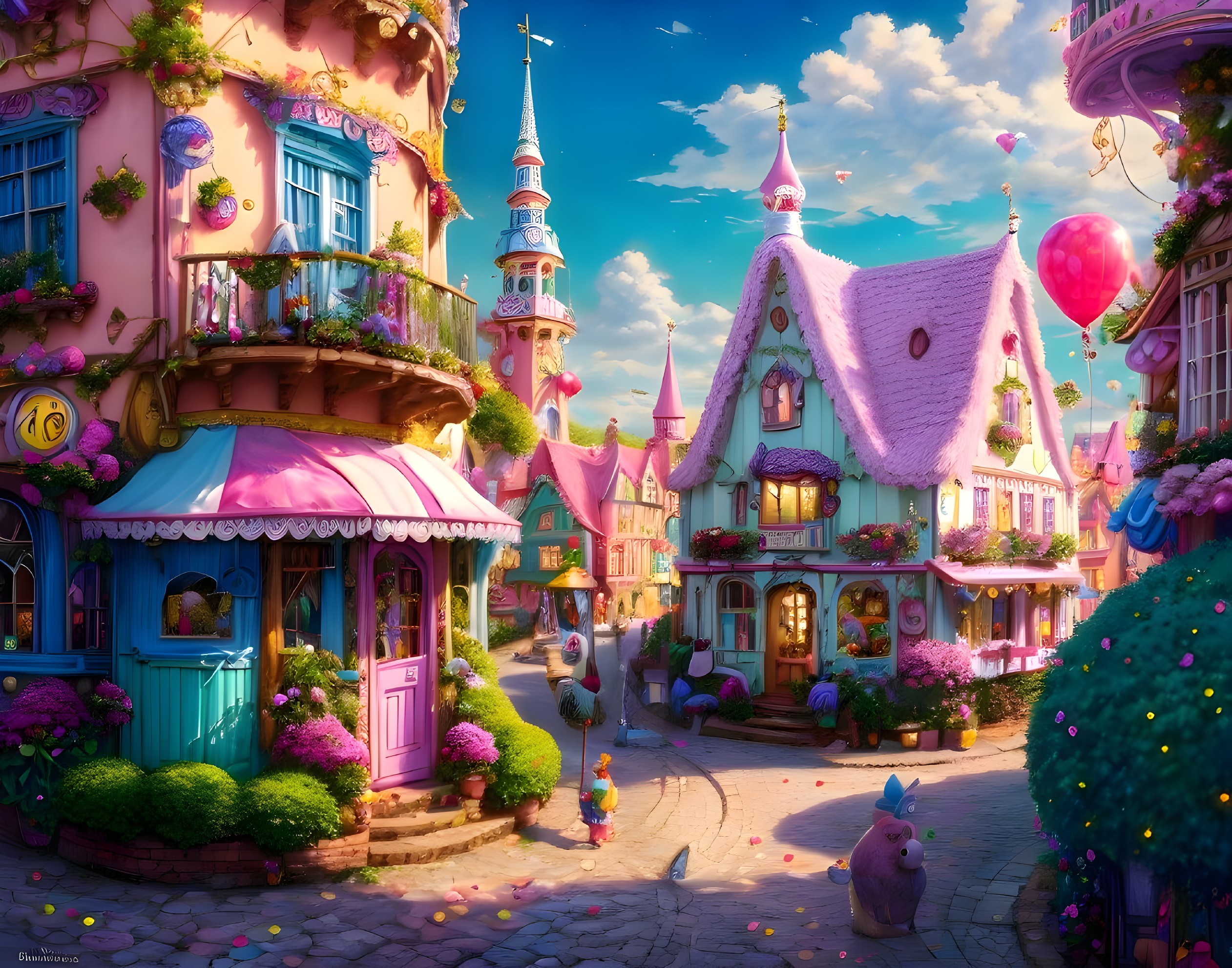 Whimsical Village Scene with Colorful Cottages and Balloons