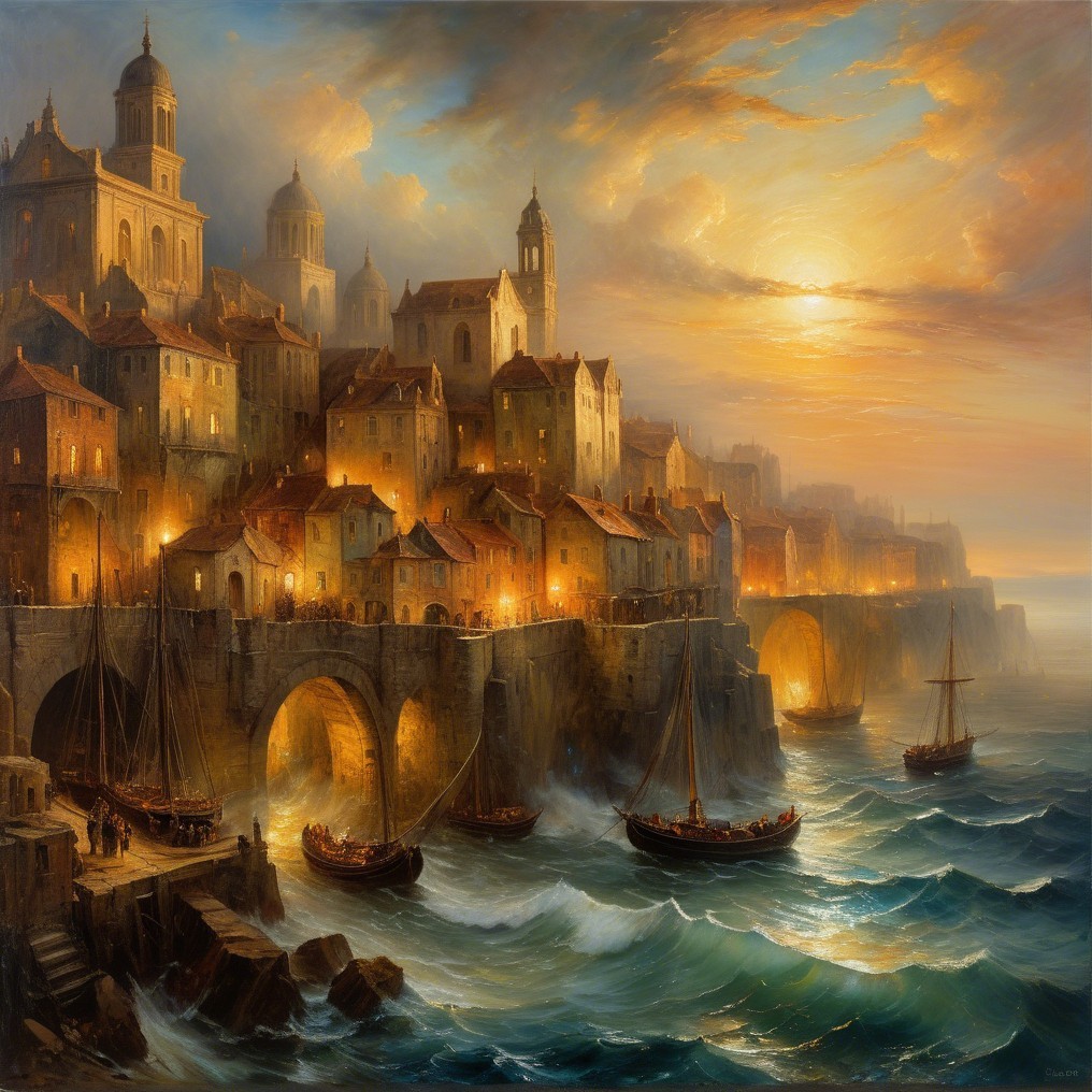 Twilight in a Serene Seaside Town with Ancient Buildings