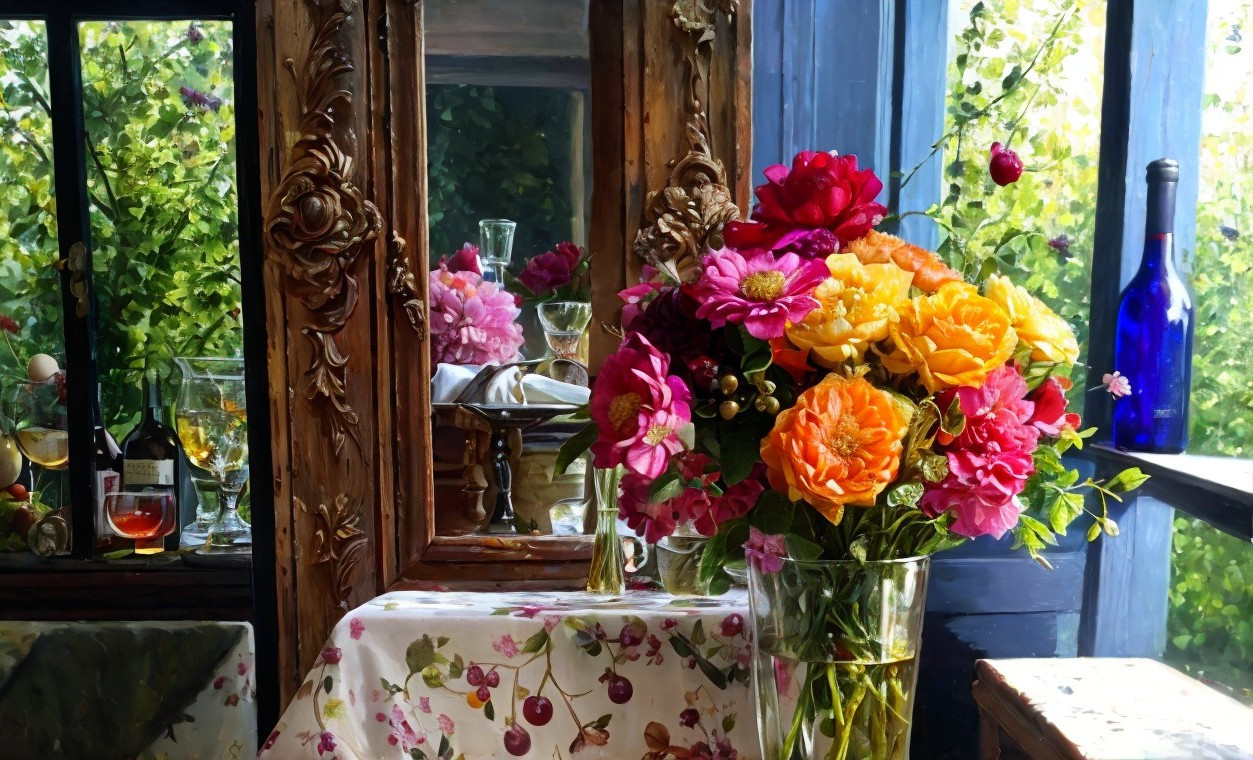Colorful Flower Bouquet in Glass Vase with Reflections