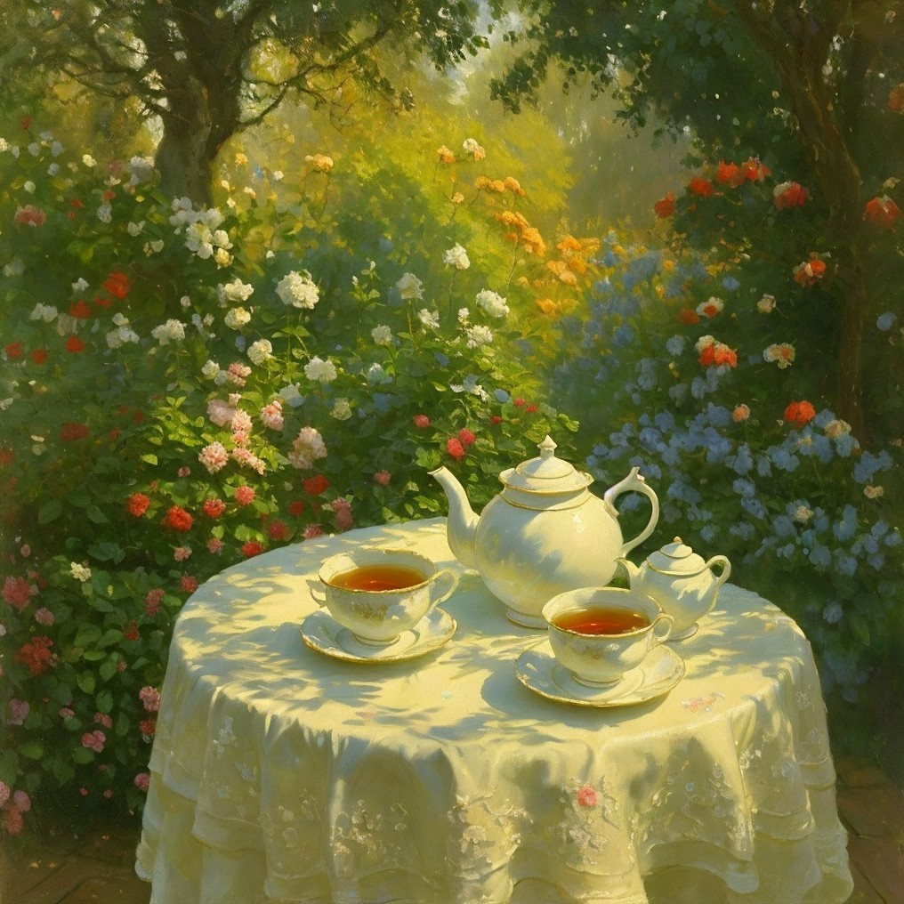 Serene garden setting with tea table and lush greenery