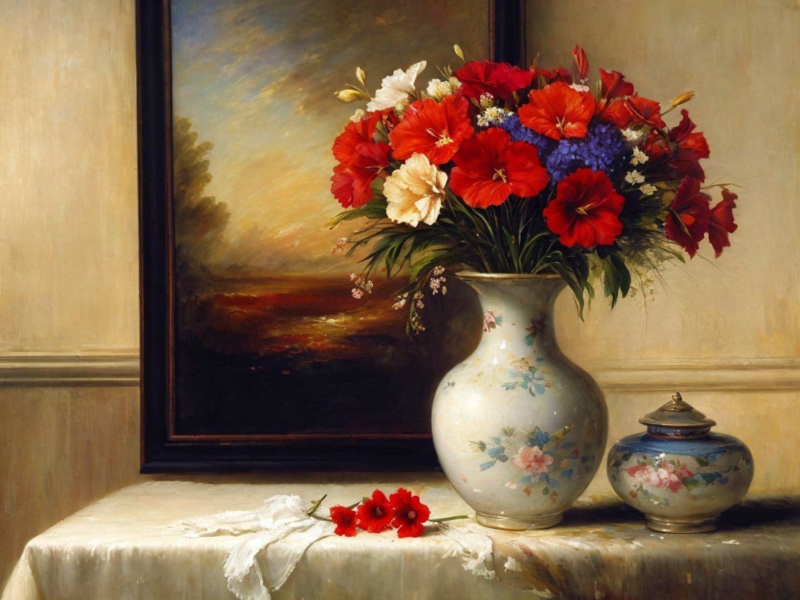 Vibrant Still Life of Flowers in Ornate Vase