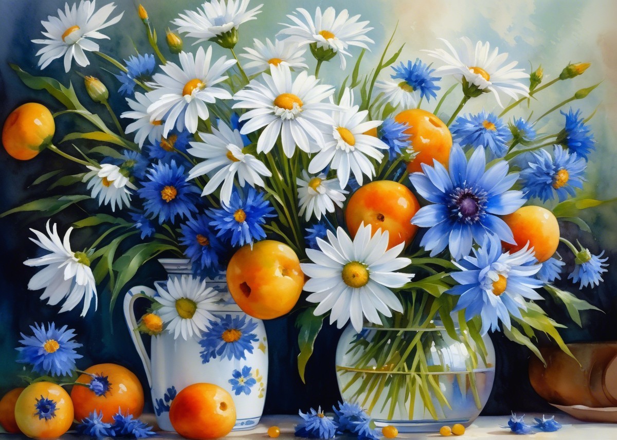 Vibrant Still Life with Daisies, Cornflowers, and Apricots