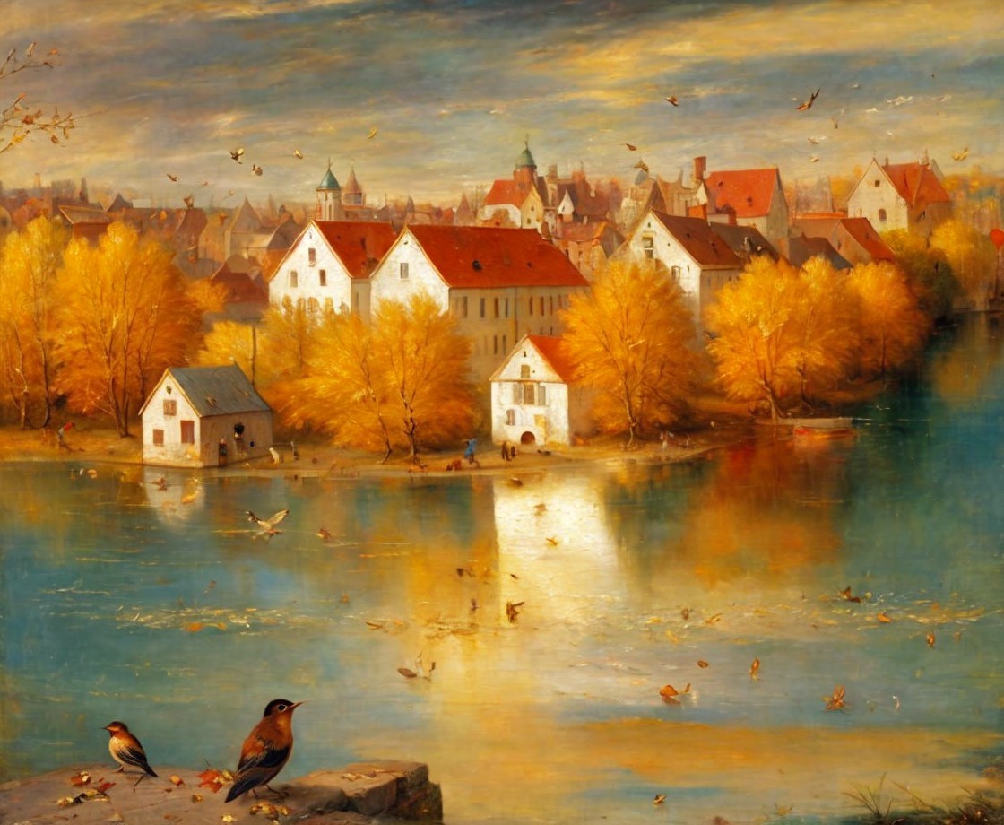 Autumn Landscape with Village and Tranquil River