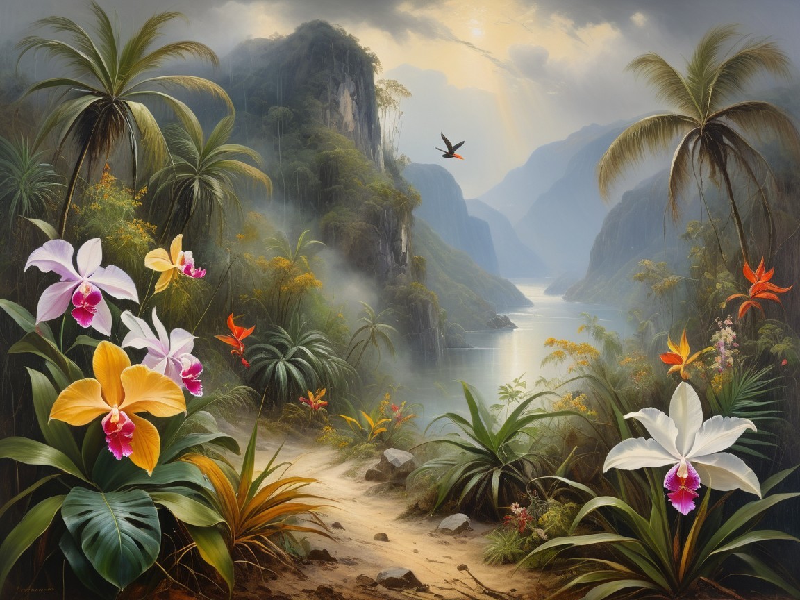 Serene Landscape with Winding Path and Vibrant Orchids
