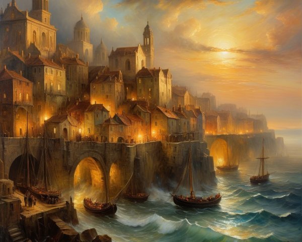 Twilight in a Serene Seaside Town with Ancient Buildings