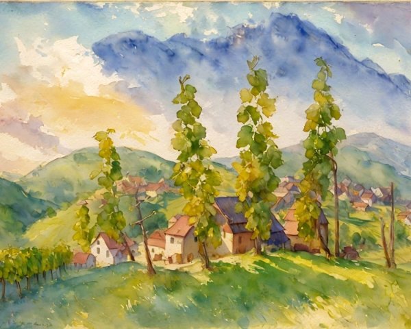Watercolor Landscape of a Quaint Village at Sunset