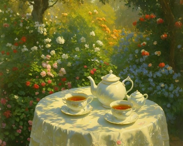 Serene garden setting with tea table and lush greenery