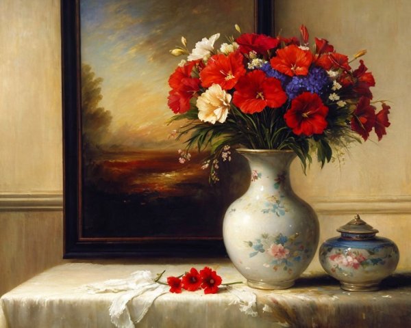 Vibrant Still Life of Flowers in Ornate Vase