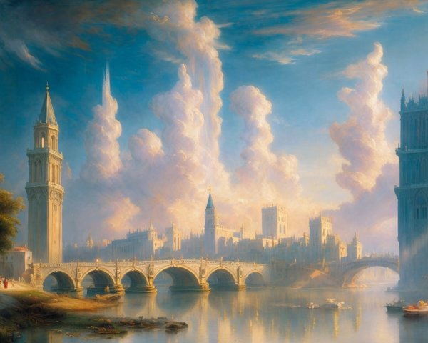 Ethereal Cityscape with Gothic and Classical Architecture