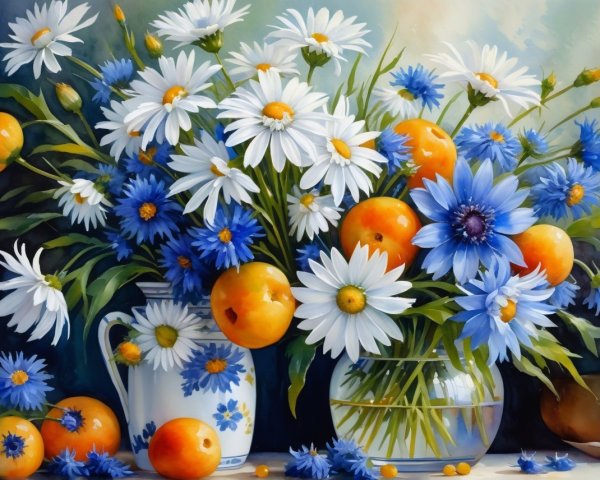 Vibrant Still Life with Daisies, Cornflowers, and Apricots