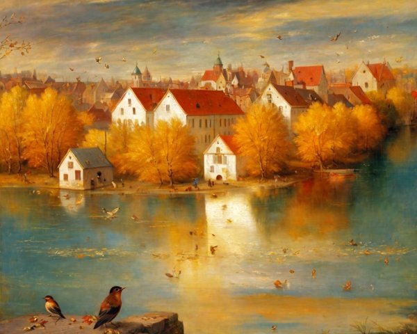 Autumn Landscape with Village and Tranquil River