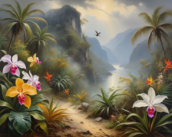 Serene Landscape with Winding Path and Vibrant Orchids