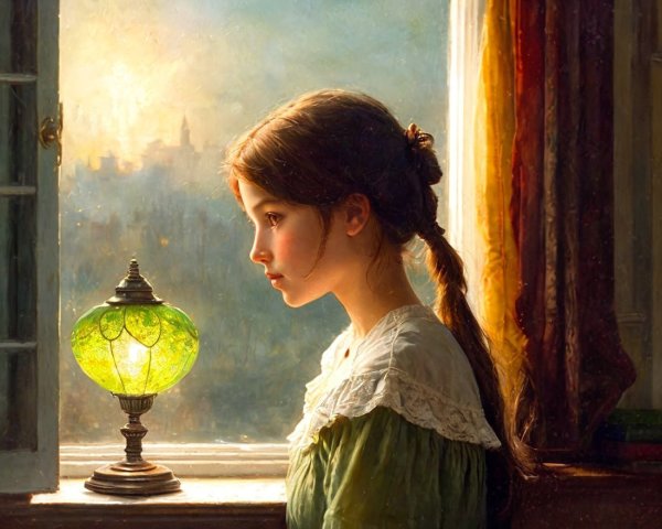 Young girl in thoughtful gaze by a window
