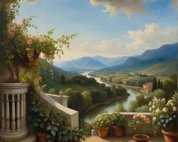 Serene Balcony View with River and Blooming Plants