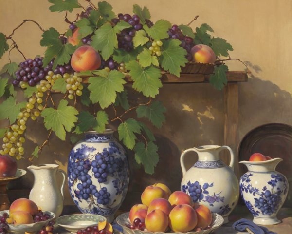 Still Life with Peaches, Grapes, and Vases
