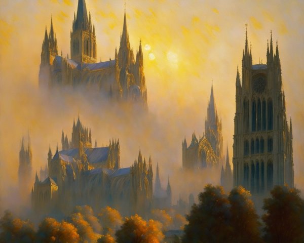 Gothic Cathedral in Mist at Sunrise with Autumn Trees