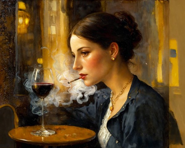 Elegant woman at dimly lit table with wine and smoke