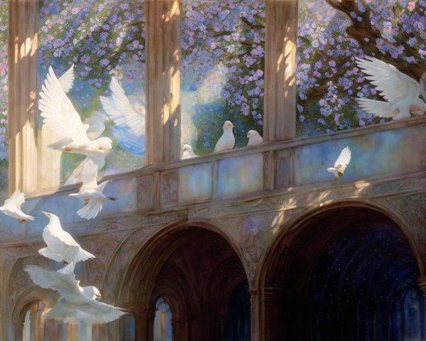 White Doves in Flight Amidst Ornate Architecture
