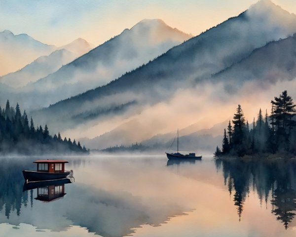 Tranquil Lake Scene with Misty Mountains and Forests