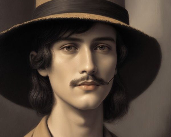 Portrait of a young man with long dark hair and mustache