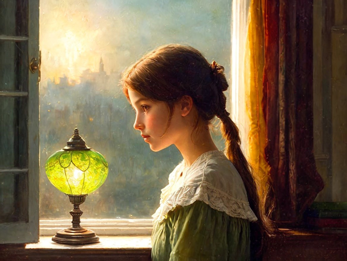 Young girl in thoughtful gaze by a window