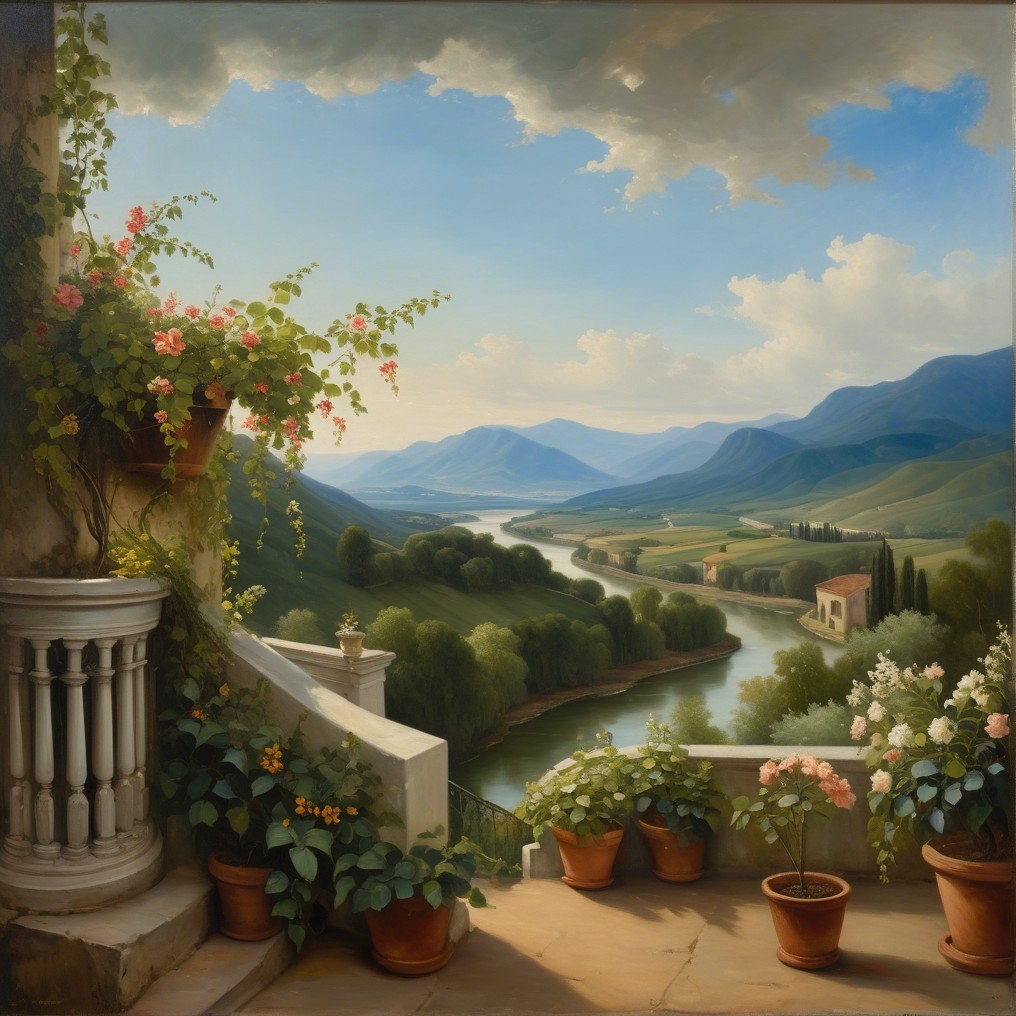 Serene Balcony View with River and Blooming Plants