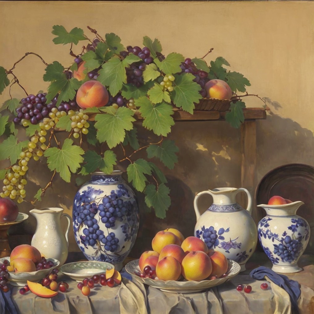 Still Life with Peaches, Grapes, and Vases