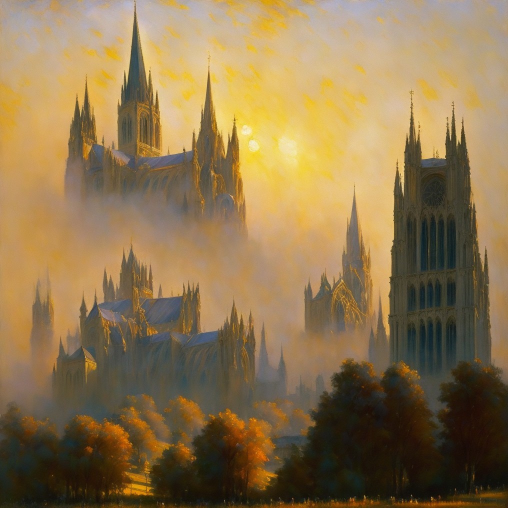 Gothic Cathedral in Mist at Sunrise with Autumn Trees