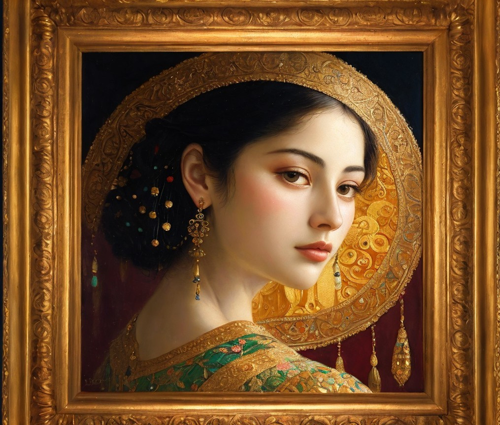 Young Woman in Elegant Green Garment with Gold Accents