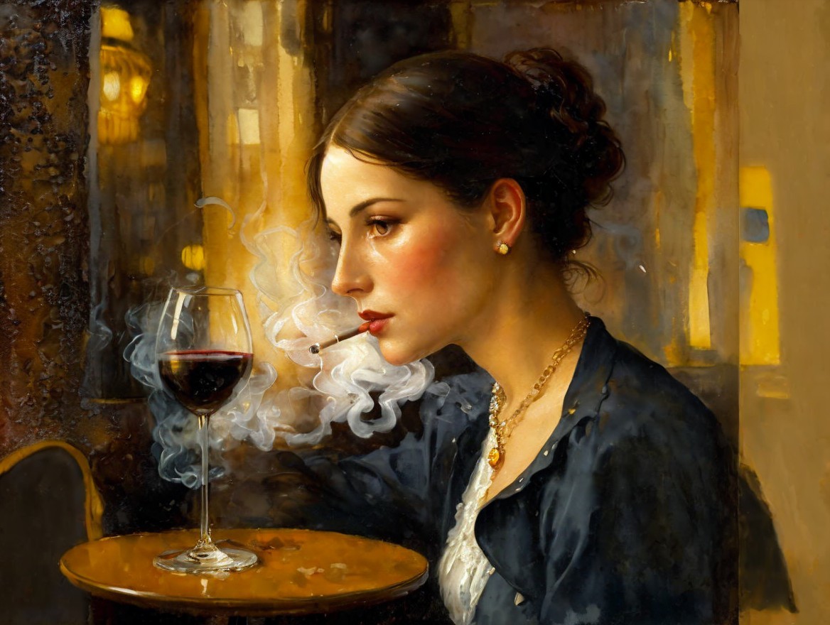 Elegant woman at dimly lit table with wine and smoke