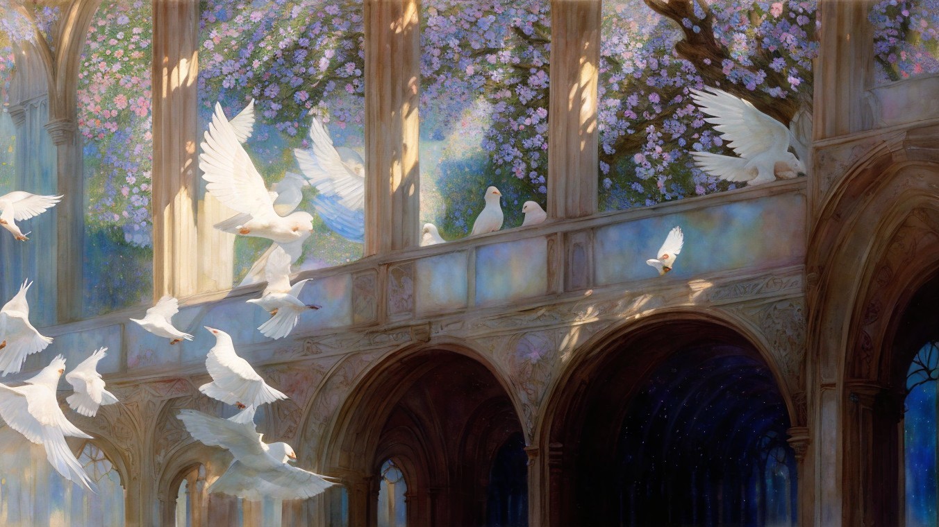 White Doves in Flight Amidst Ornate Architecture