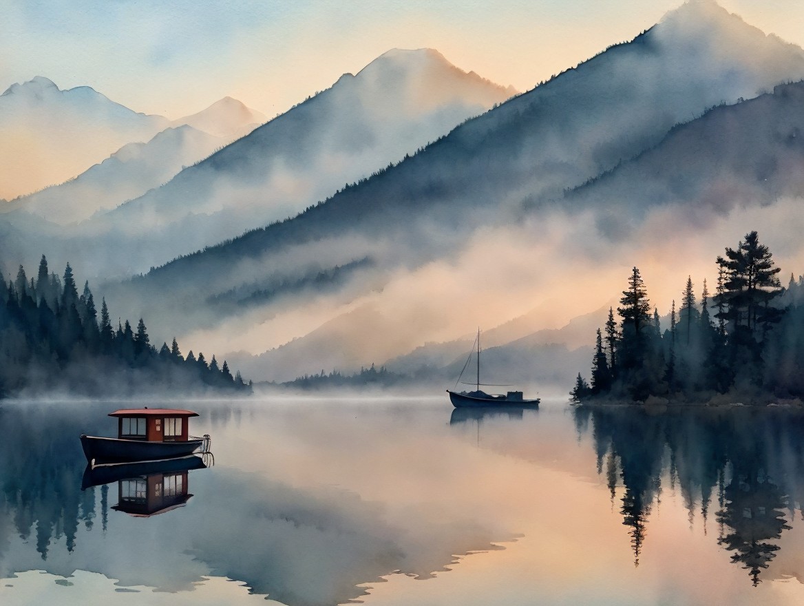 Tranquil Lake Scene with Misty Mountains and Forests