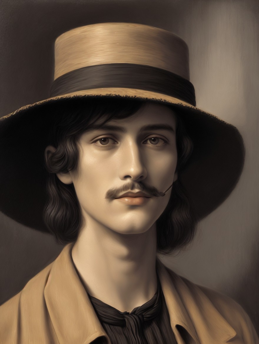 Portrait of a young man with long dark hair and mustache