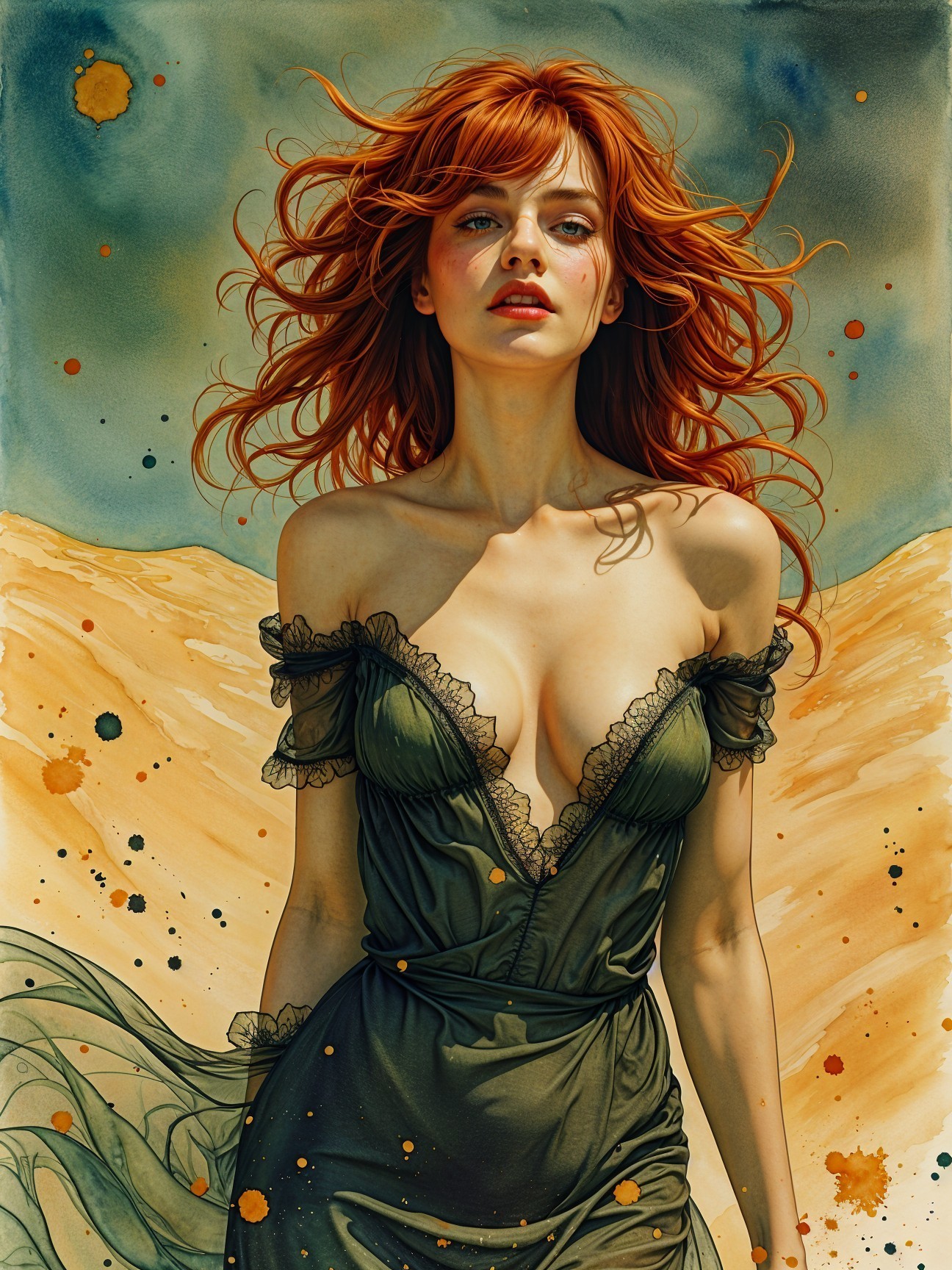 Olive Green Dress and Red Hair Against Colorful Background