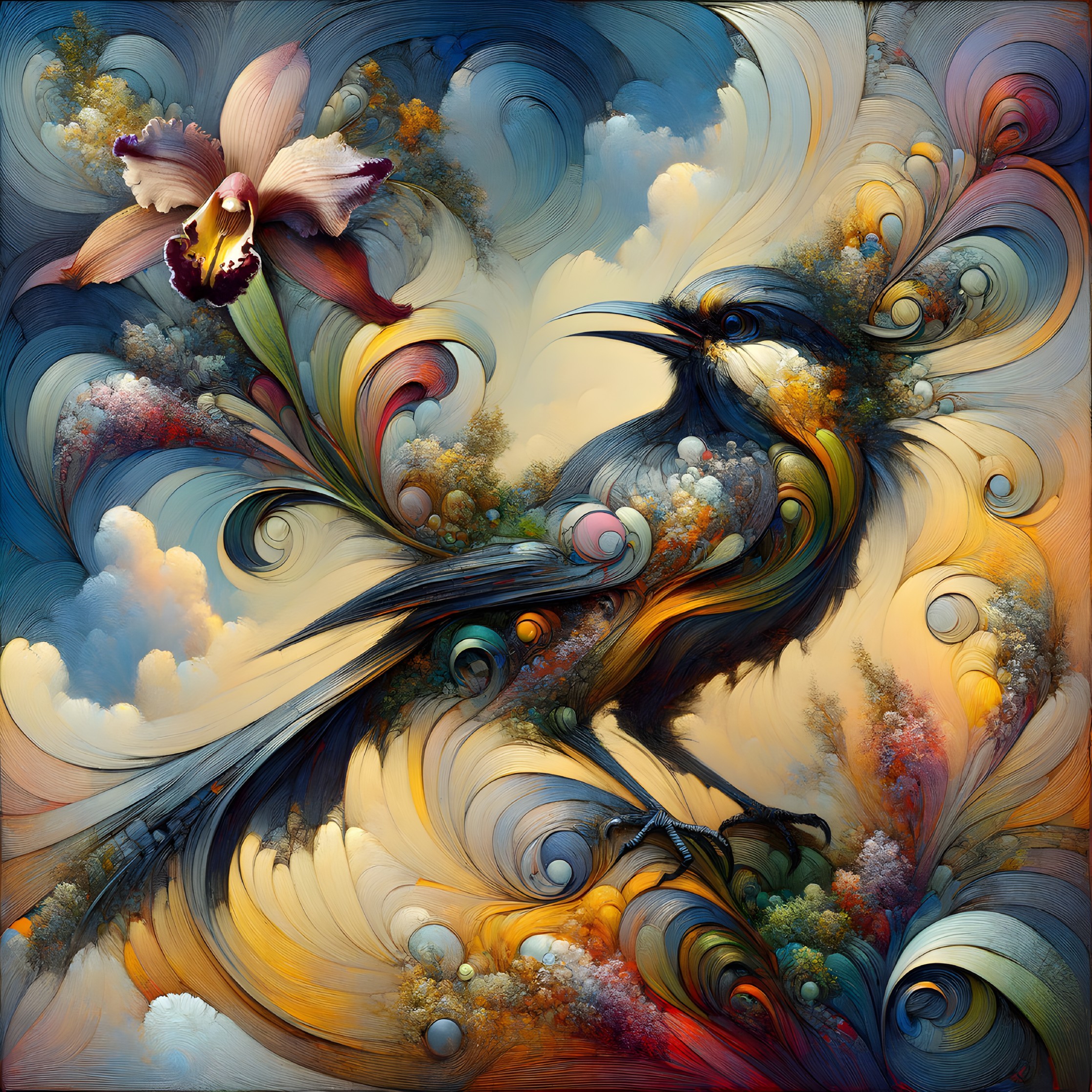 Vibrant Abstract Bird with Orchid and Swirling Patterns