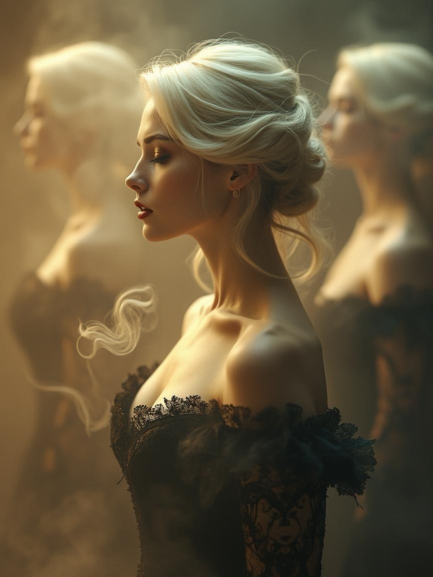 Ethereal Scene of Woman in Black Lace Gown