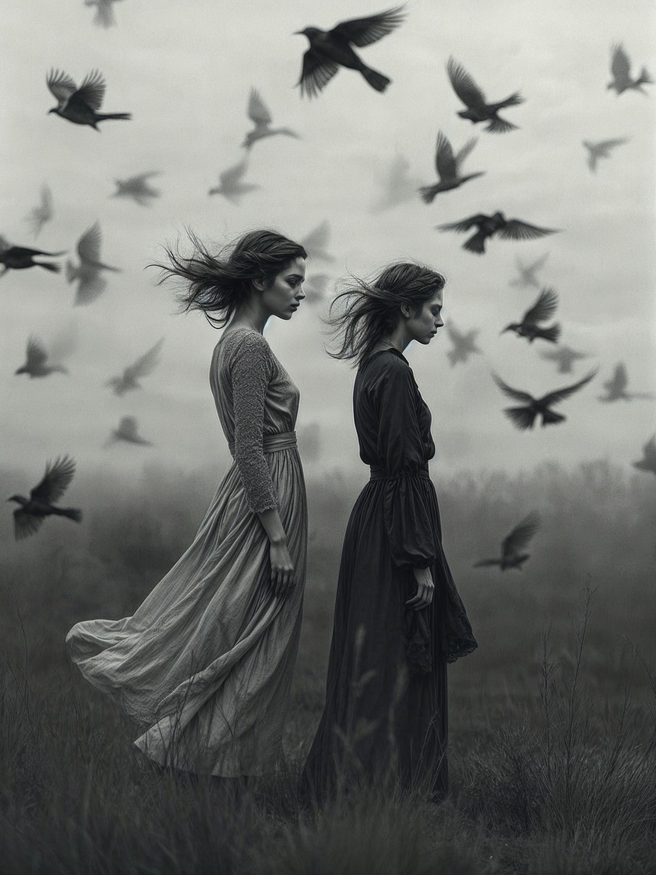 Ethereal Figures in Misty Landscape with Birds