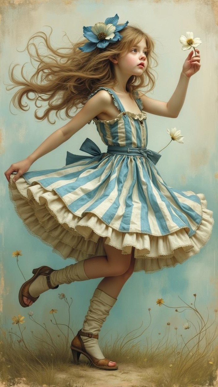Whimsical Scene of a Girl Dancing with Wildflowers