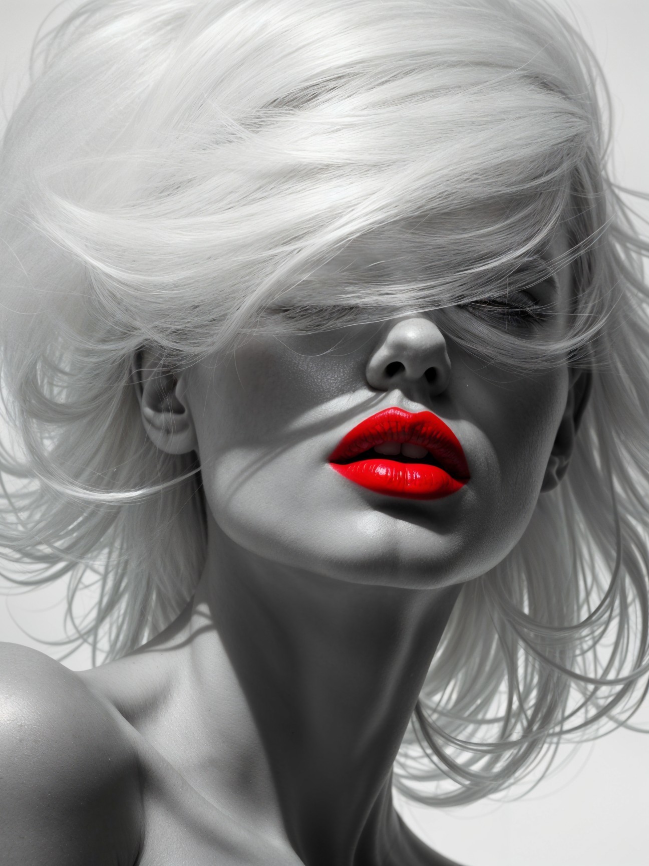 Close-up of Model with Platinum Hair and Red Lips