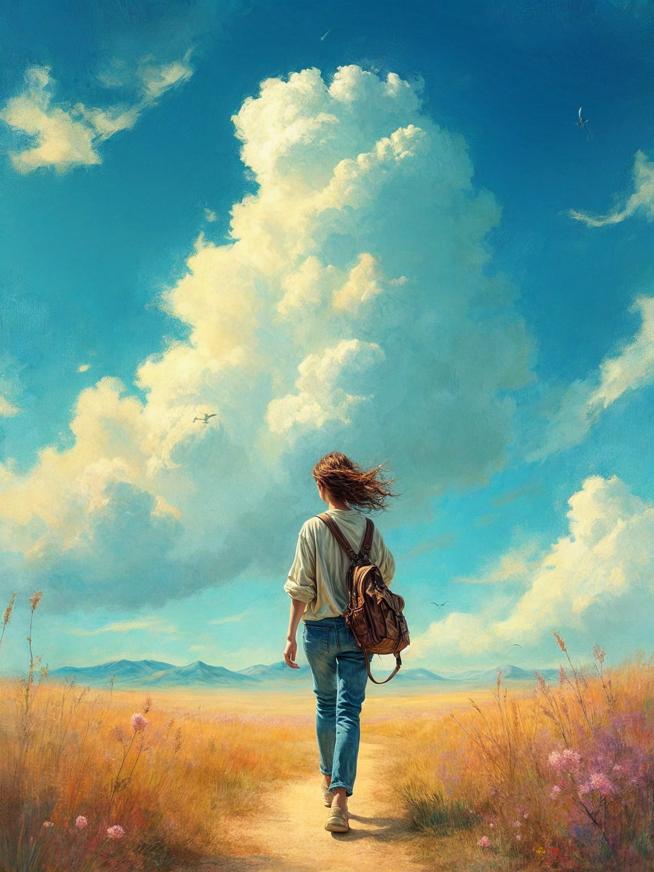 Young woman walking on sunlit path in golden landscape