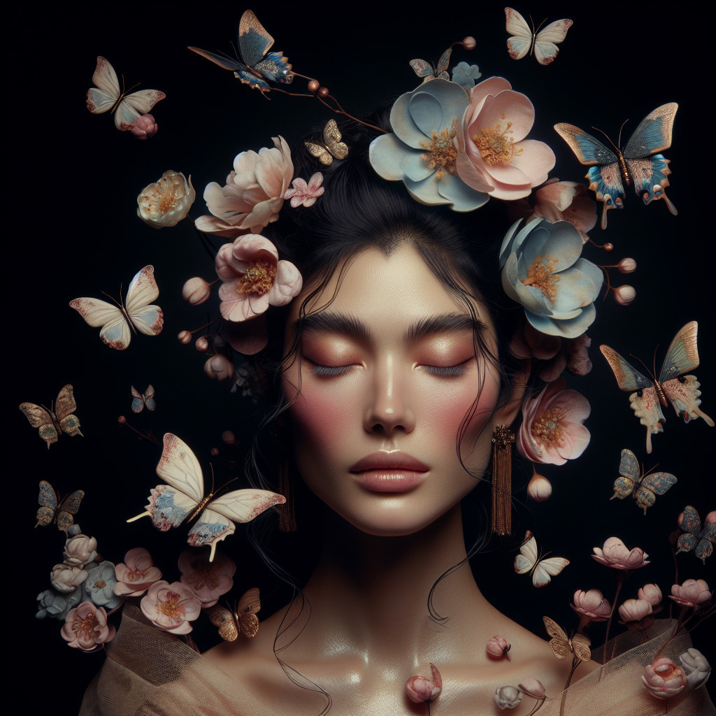 Serene Woman Surrounded by Flowers and Butterflies