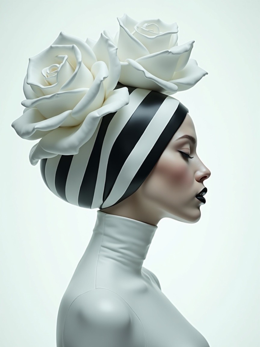 Model Profile with Porcelain Complexion and Striped Outfit