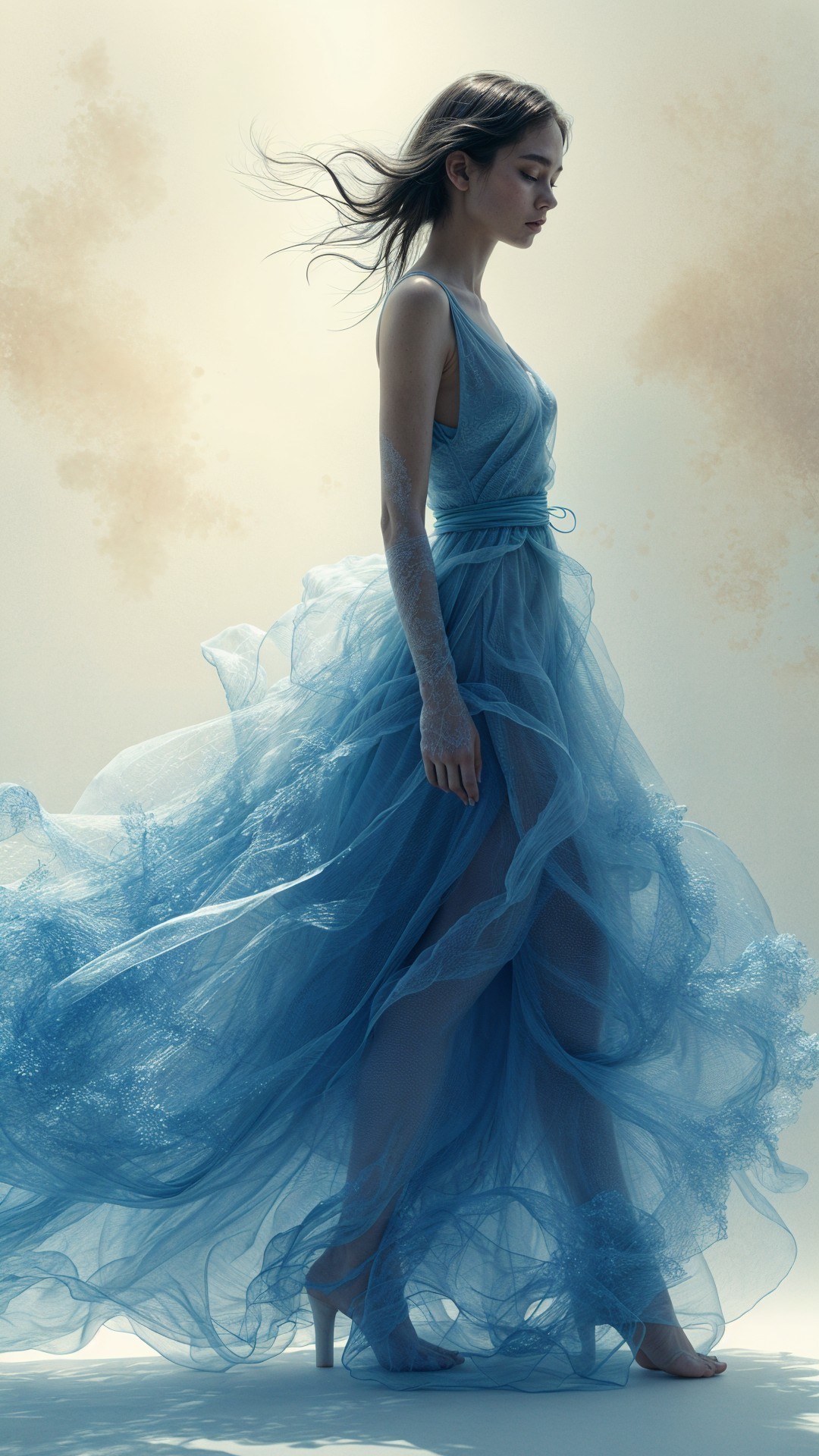 Graceful figure in ethereal blue gown with soft background