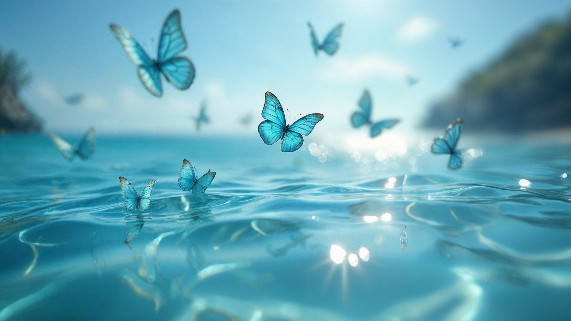 Blue Butterflies Above Tranquil Ocean Waves