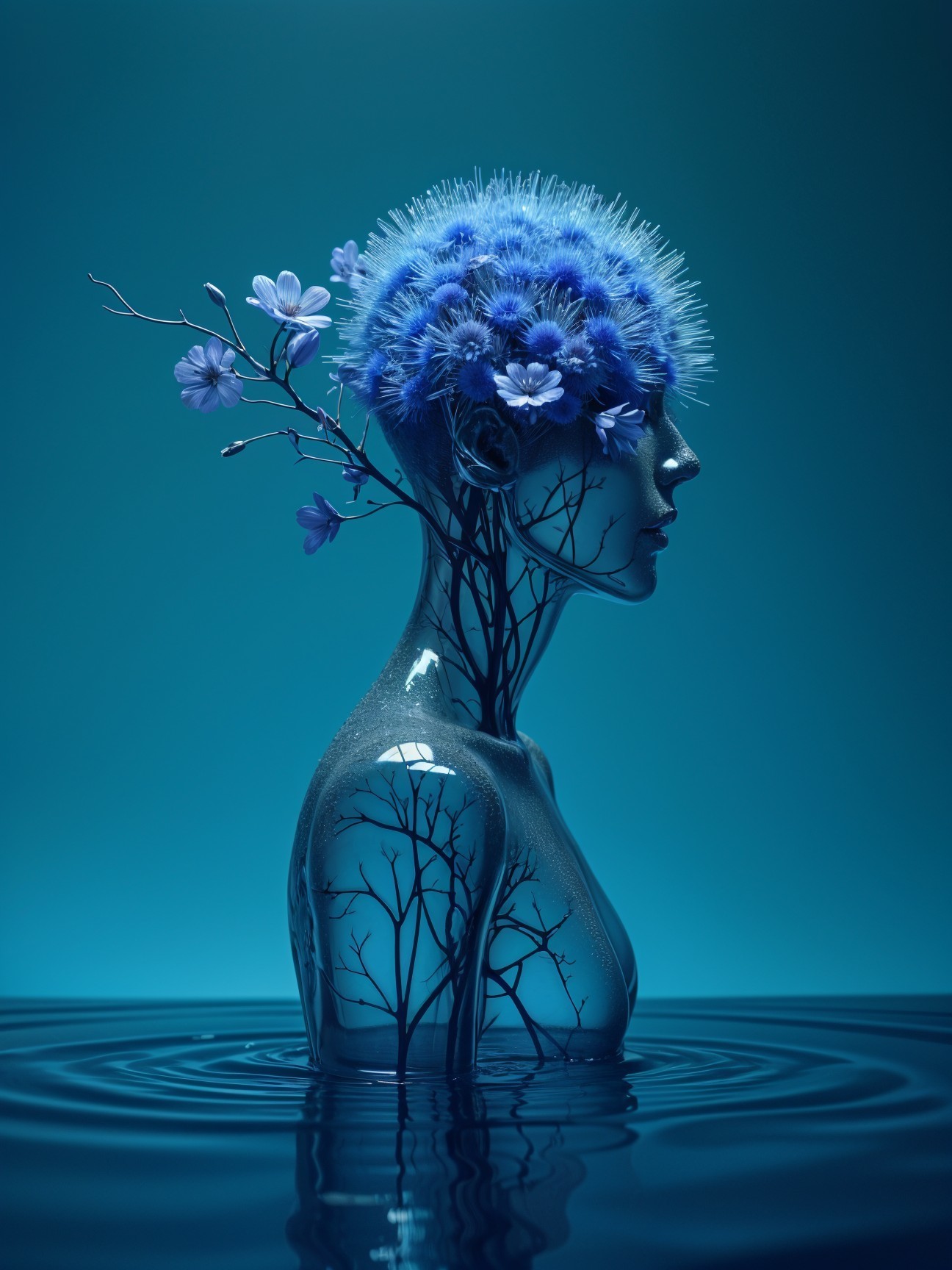 Surreal Humanoid Figure with Floral and Water Elements