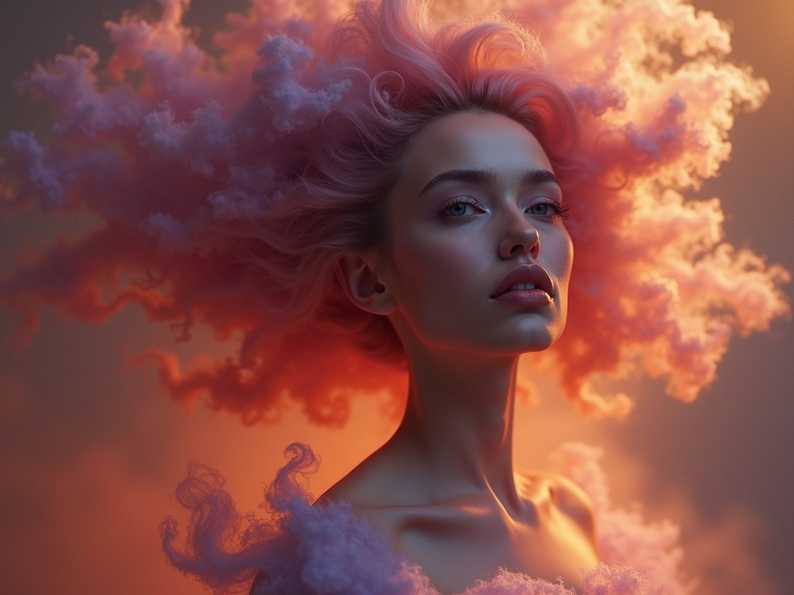 Ethereal portrait of a woman with pastel pink hair