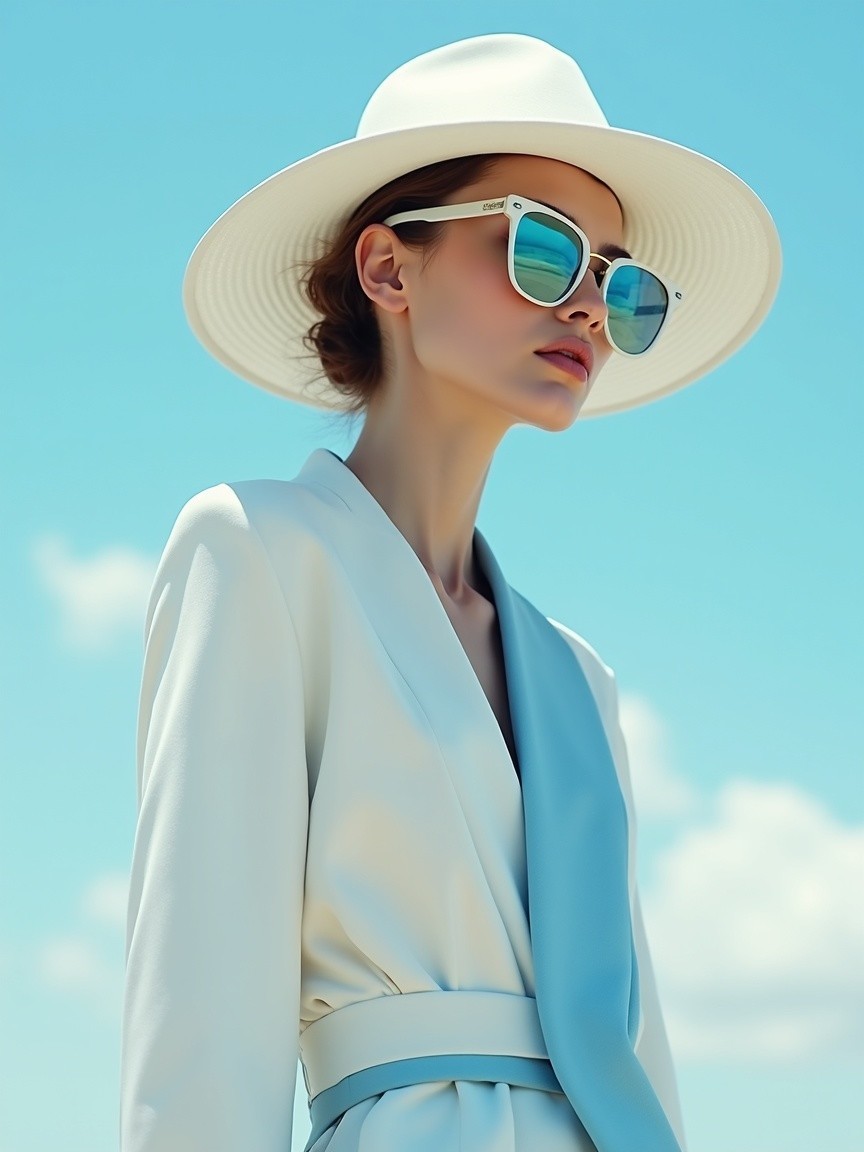Chic Model in White Blazer Against Blue Sky