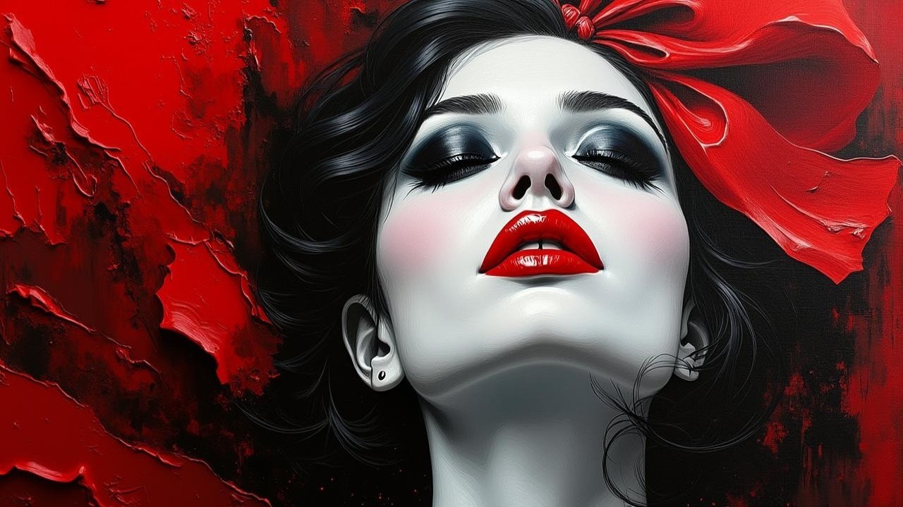 Portrait of a Woman with Bold Makeup and Red Accents